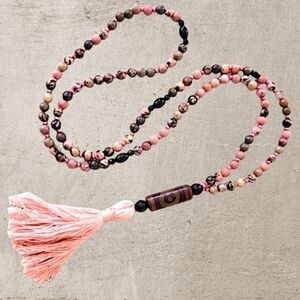 🆑️ CLEARANCE Hand Crafted Rhodonite Gemstone 108 Bead Mala OOAK Pink Necklace